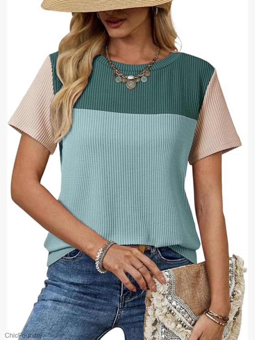 Loose Fit Crewneck Knit T-Shirt, Short Sleeve Casual Top, Spring Summer